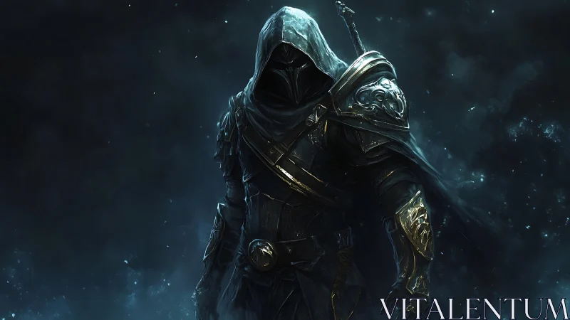 Hooded dark knight strides through swirling cosmic mist.