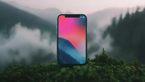 Smartphone display as luminous portal in misty alpine biome.