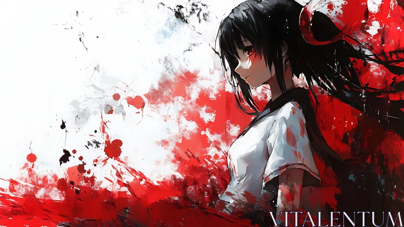Solitary anime girl amid red abstract paint storm.