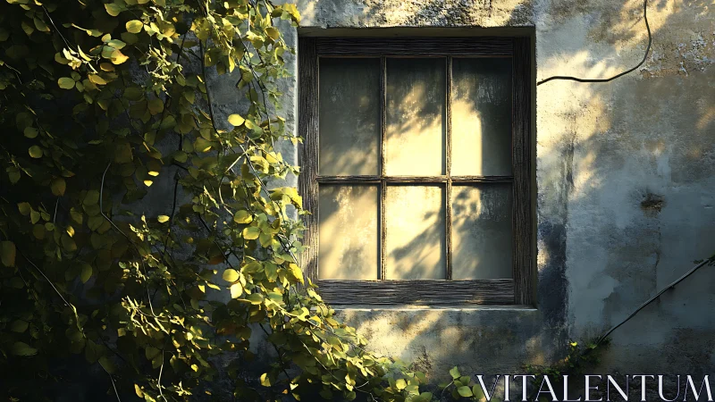 Sunlit wooden window on aged wall with surrounding foliage.