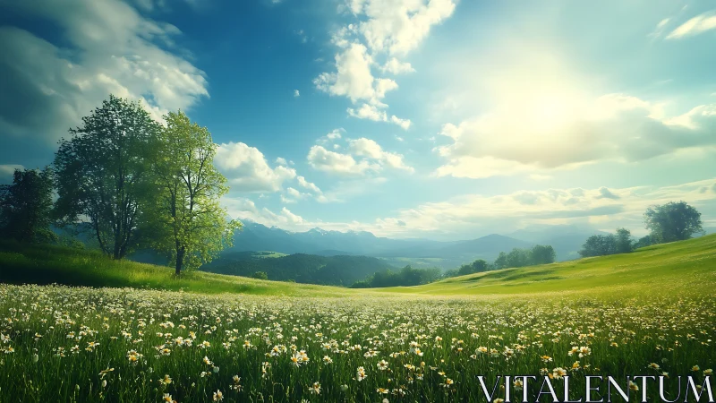 Sunlit meadow with wildflowers extends toward distant hills
