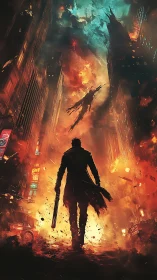 Silhouetted figure in burning city street with falling body.