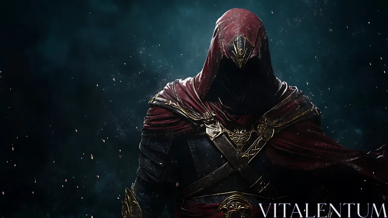 Hooded warrior rendered with high-contrast lighting and ornate armor