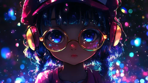 Neon-lit anime girl with glowing glasses and headphones.