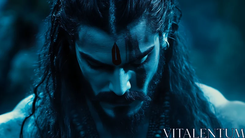 Moonlit warrior sage in deep blue meditative silence.