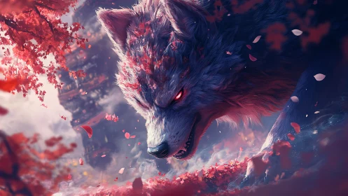 Mythic crimson-eyed wolf prowls through falling sakura petals