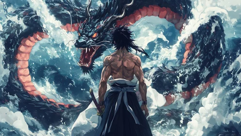 Dynamic samurai versus sea dragon in cinematic anime tableau.