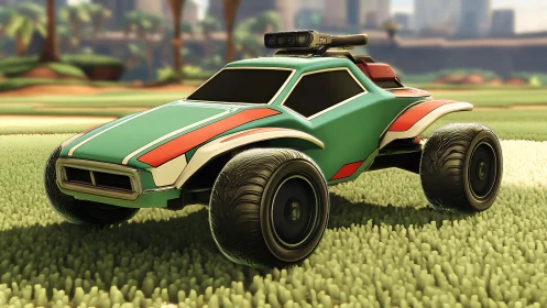 Stylized teal off-road game car on grassy arena field.