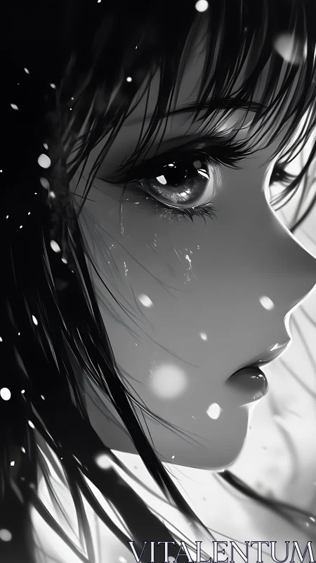 Monochrome anime girl in falling snow with tearful gaze.
