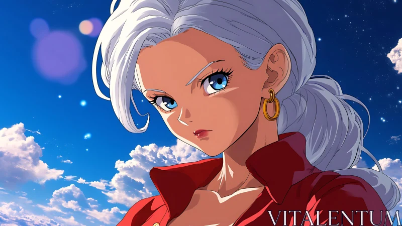 White-haired anime woman under night sky with clouds.
