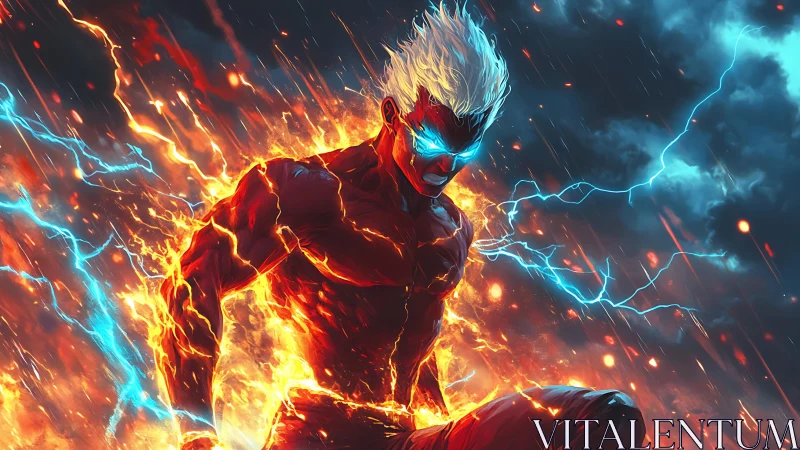 Electric humanoid figure in fiery environment under storm clouds.