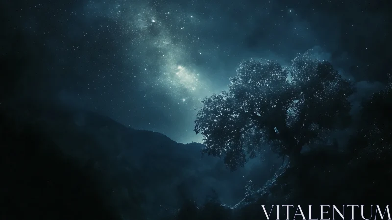 Night landscape with silhouetted tree under star field.