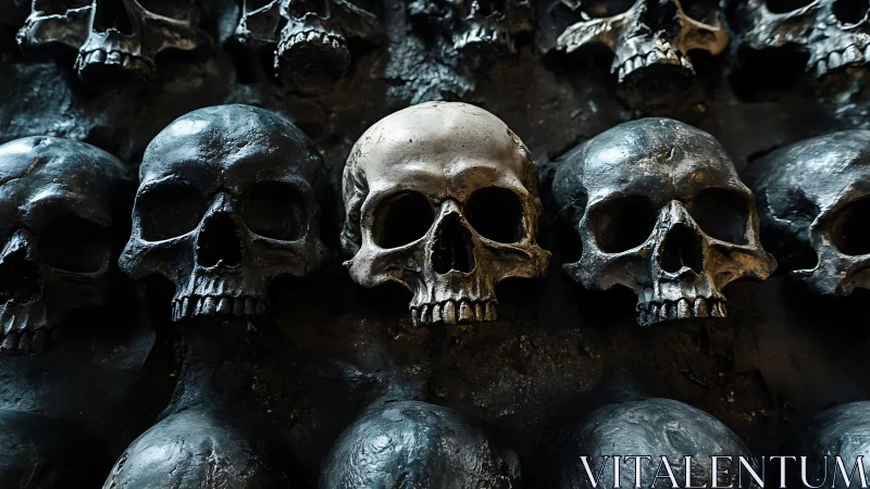 Metallic human skull sculptures form dense repeating pattern