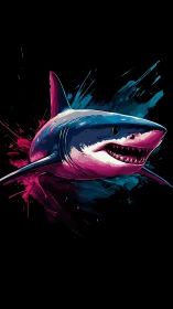 Bold neon shark illustration on black splatter background.