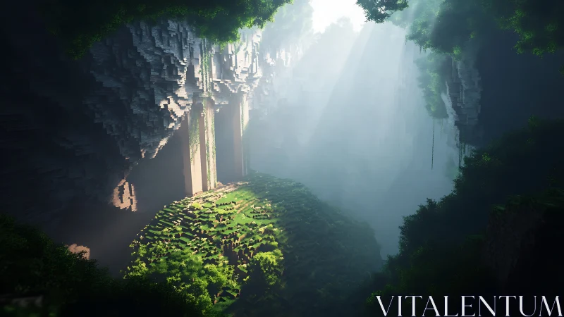 Sunlit pixel cavern garden wrapped in soft morning mist.