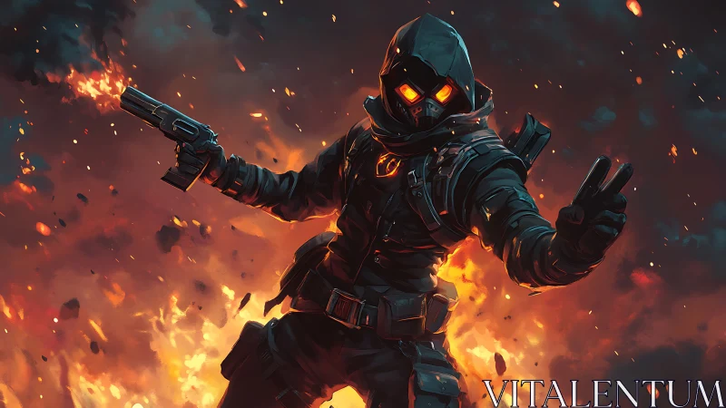 Hooded armored gunman stands before exploding fiery backdrop