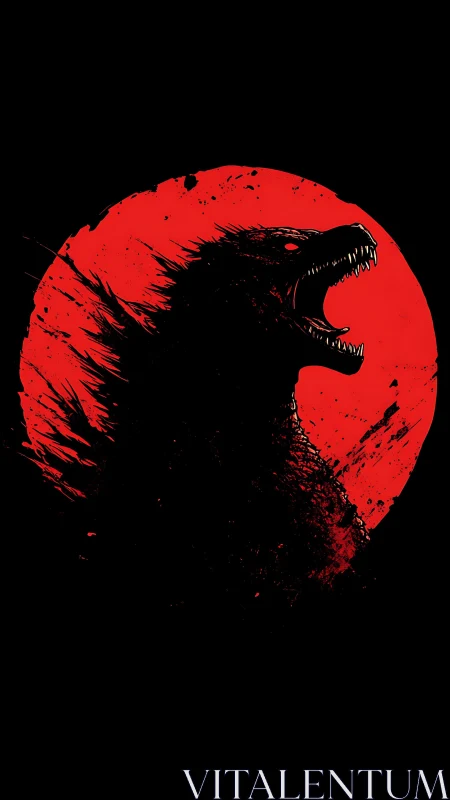 Silhouetted kaiju roar framed by a splattered red sun.
