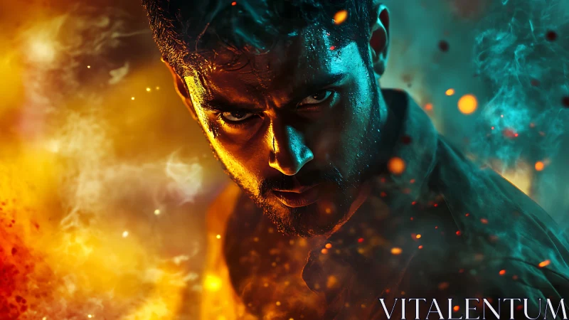 Intense male portrait in dual-tone cinematic fire and smoke.