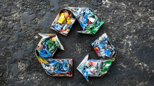 Recycling symbol shaped from crushed colorful plastic waste.