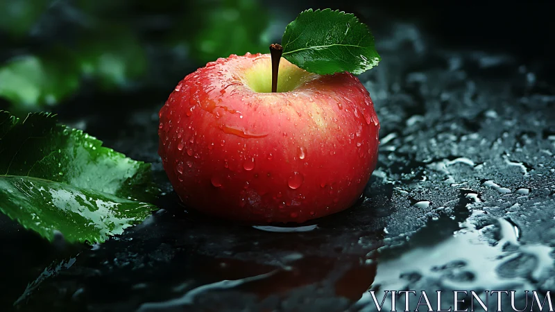 Dewy red apple glowing softly against a dark wet surface.