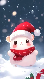 Snowy Christmas hamster in red Santa hat and scarf.