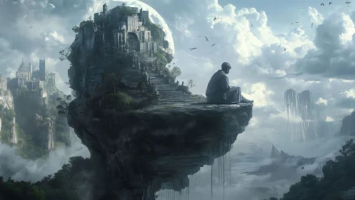 Solitary figure contemplates ancient skyborne citadel at dawn