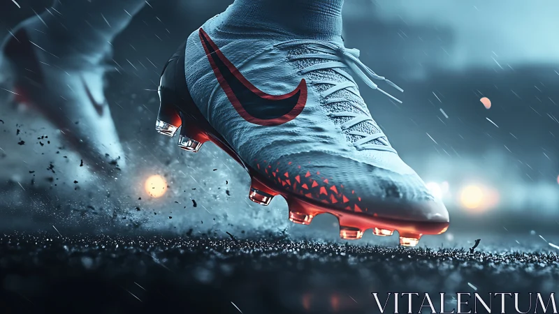 High-speed football boot macro in dynamic rain-soaked motion.