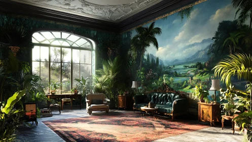 Sunlit conservatory lounge with panoramic landscape mural
