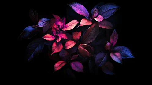 Bicolor foliage cluster under magenta cyan rim lighting