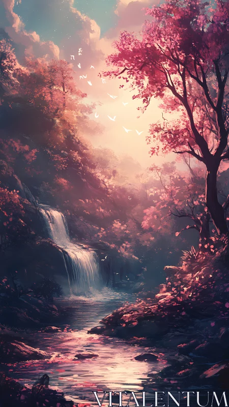 Enchanted pink forest waterfall glows in dreamy sunset light