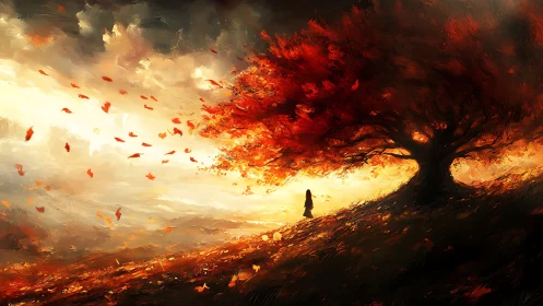 Solitary figure walks beneath a blazing autumn tree at dusk.