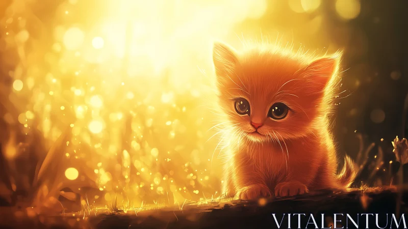 Golden light digital painting of fluffy kitten at dusk.