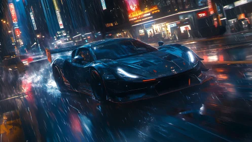 Midnight hypercar carves neon rain through electric city streets