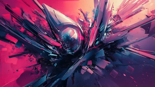 Abstract digital shards converging around metallic core.