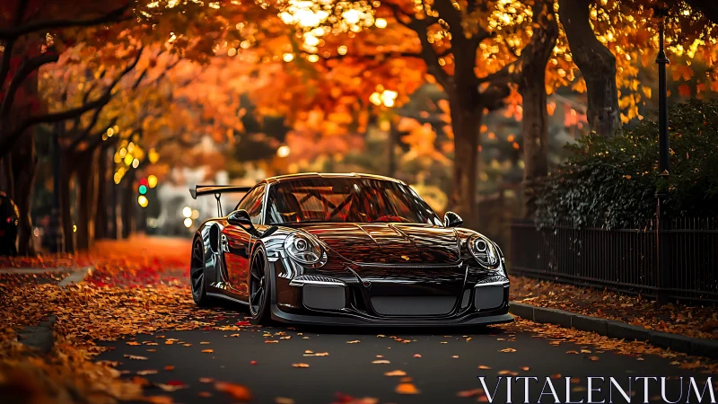 Black sports car glides through a glowing autumn city street