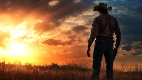 Cowboy silhouette standing in tall grass at vivid sunset.