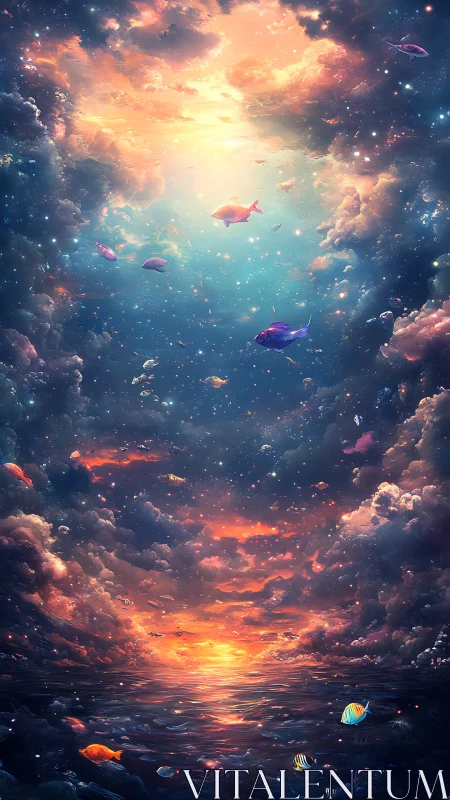 Celestial ocean sunset merges stars and drifting reef fish.