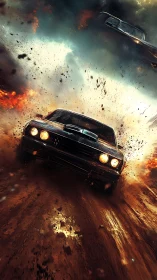 Muscle car drifts through exploding dirt road at high speed