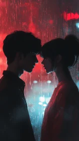 Neon rain lovers poised between red thunder and blue hush.