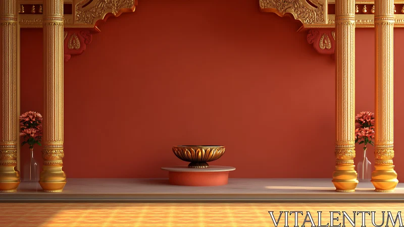 Golden temple alcove cradles a single luminous offering bowl.