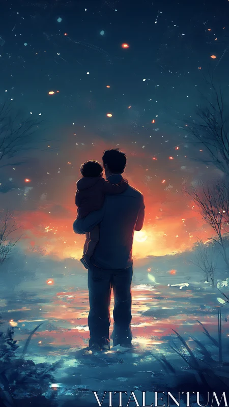 Male Figure Silhouette Holding Child Against Luminous Warm Sky Digital Rendering