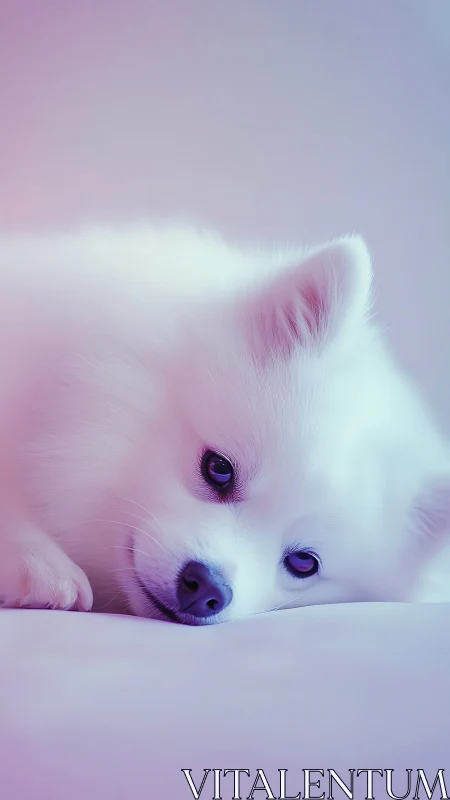White dog lying on surface under soft purple lighting.