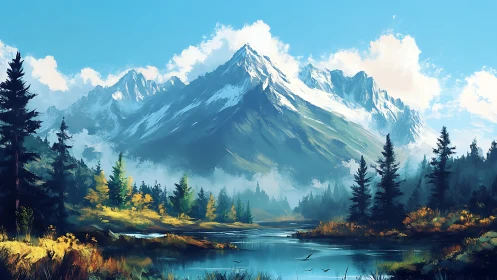 Painterly alpine lake landscape with atmospheric depth study.