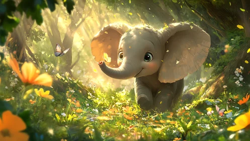 Baby elephant chases butterfly through glowing forest meadow.