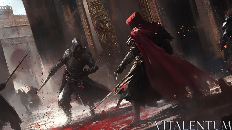 Hooded assassins dueling in blood-soaked gothic corridor