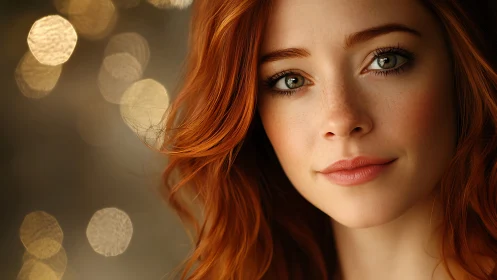Portrait shows red-haired woman with shallow depth of field