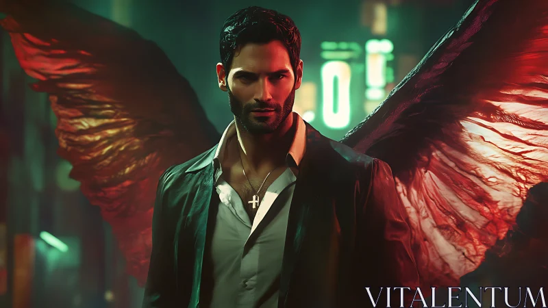 Winged male figure stands in front of blurred neon signage