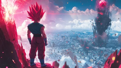 Crimson-haired warrior overlooking vaporized futuristic city.