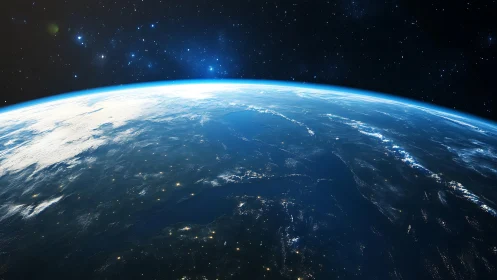 Curved Earth horizon glows softly against star-filled space.