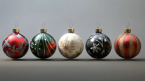 Lustrous Christmas baubles aligned in elegant studio light.